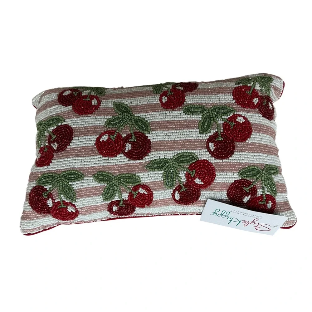 StyleHappy Beaded Cherry Striped Decorative Lumbar Pillow Red Pink White 9x15